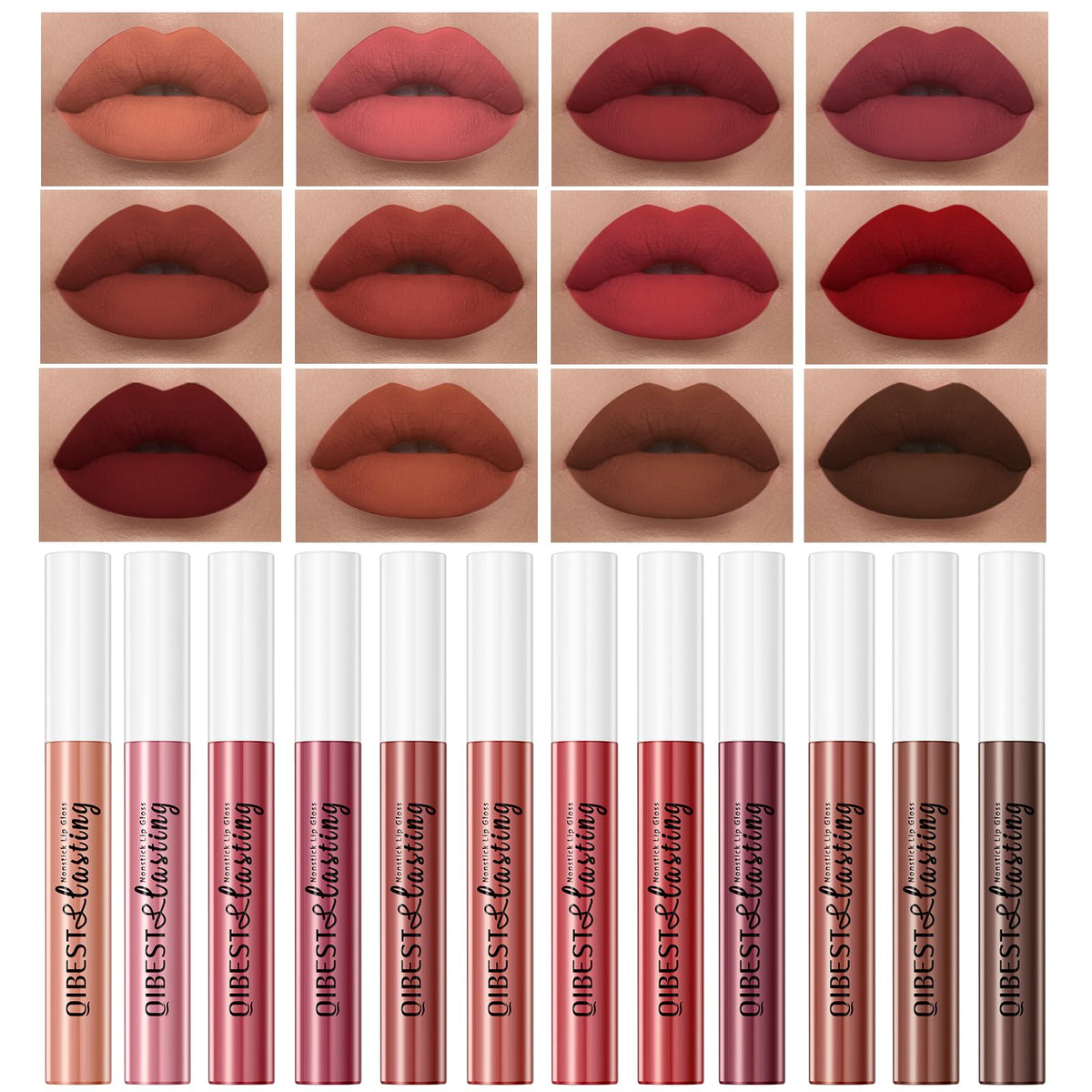 QiBest Velvet Matte Liquid Lipstick Set 12 shades front view