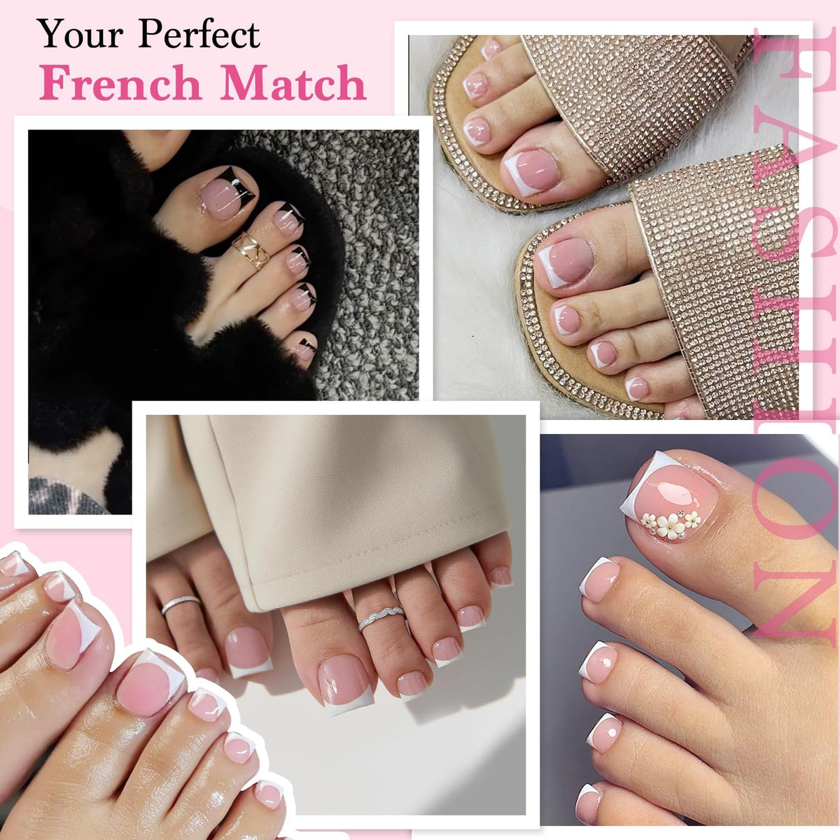 QIEK Baby Pink French Tip Press On Toenails close-up