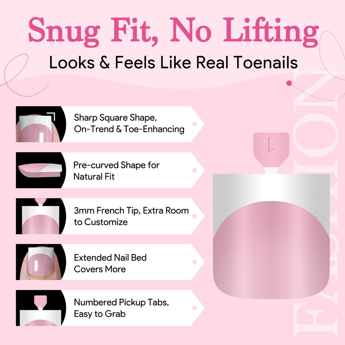 QIEK Baby Pink French Tip Press On Toenails in various sizes