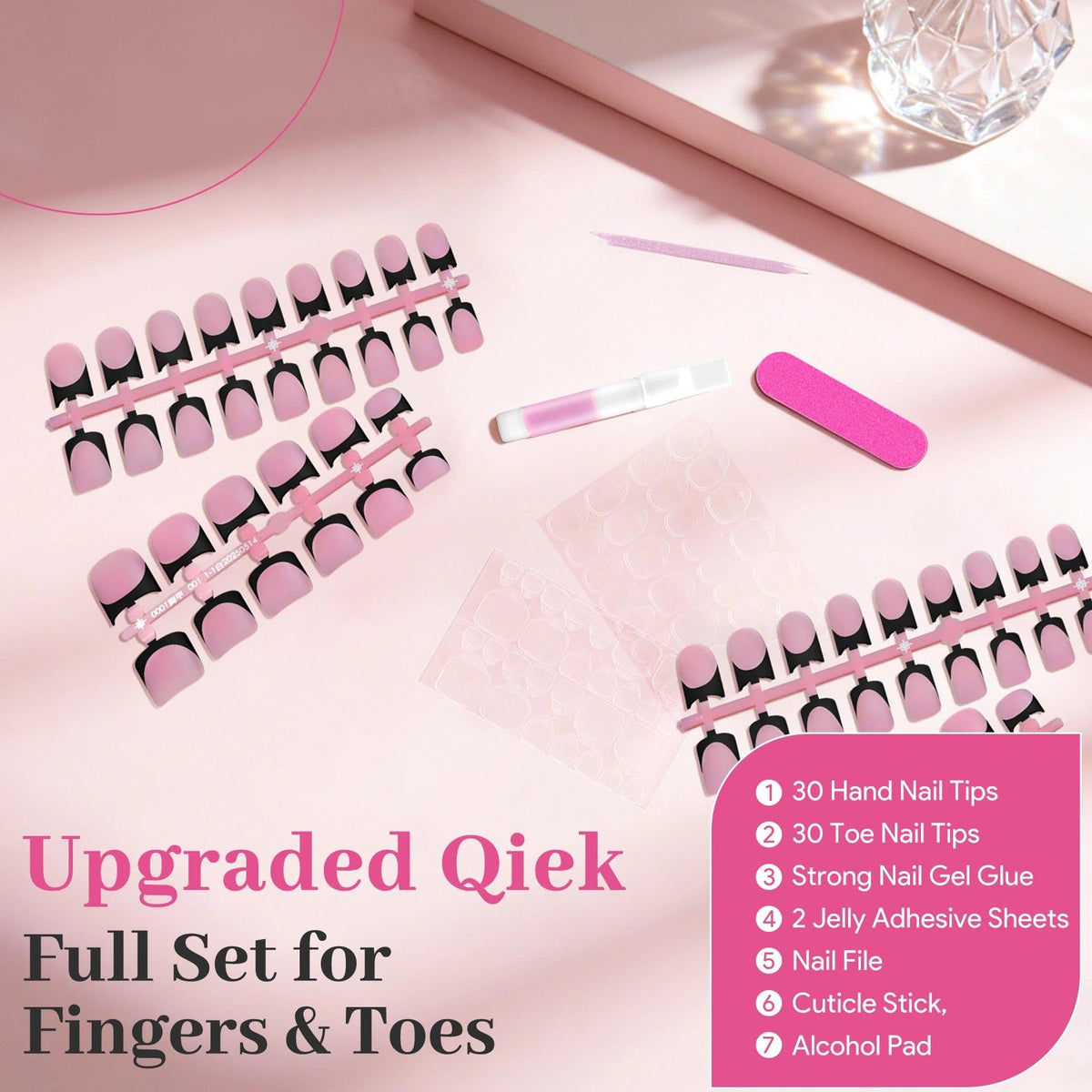 QIEK Black French Tip Press On Nails set displayed on a table