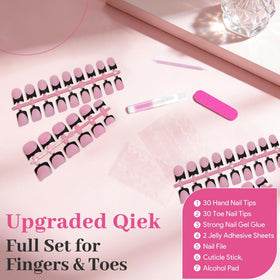 QIEK Black French Tip Press On Nails set displayed on a table