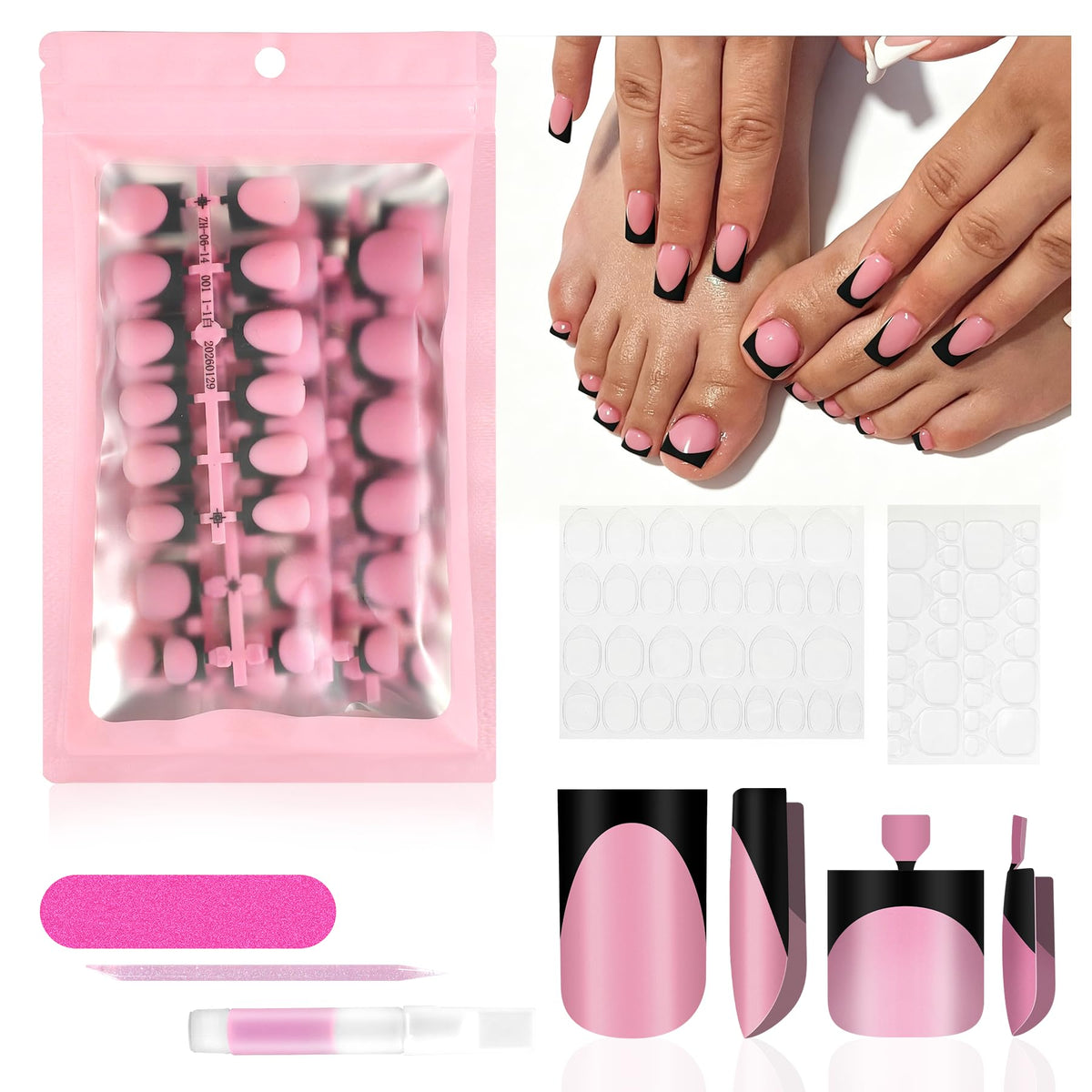 QIEK Black French Tip Press On Nails Set front view