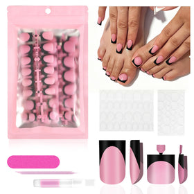QIEK Black French Tip Press On Nails Set front view