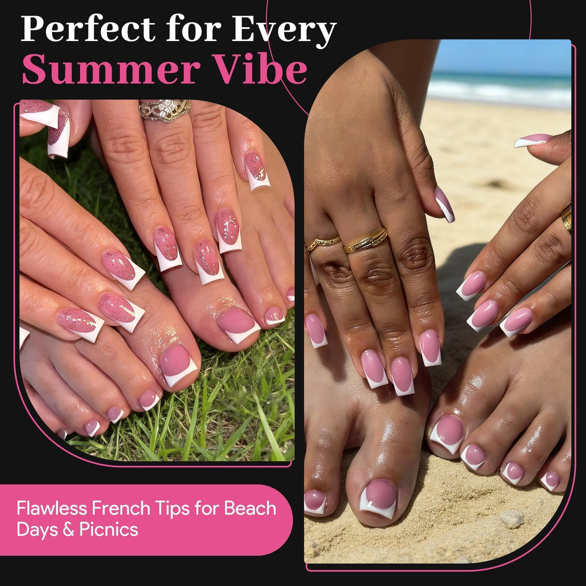 QIEK Deep Pink French Tip Press On Nails size options