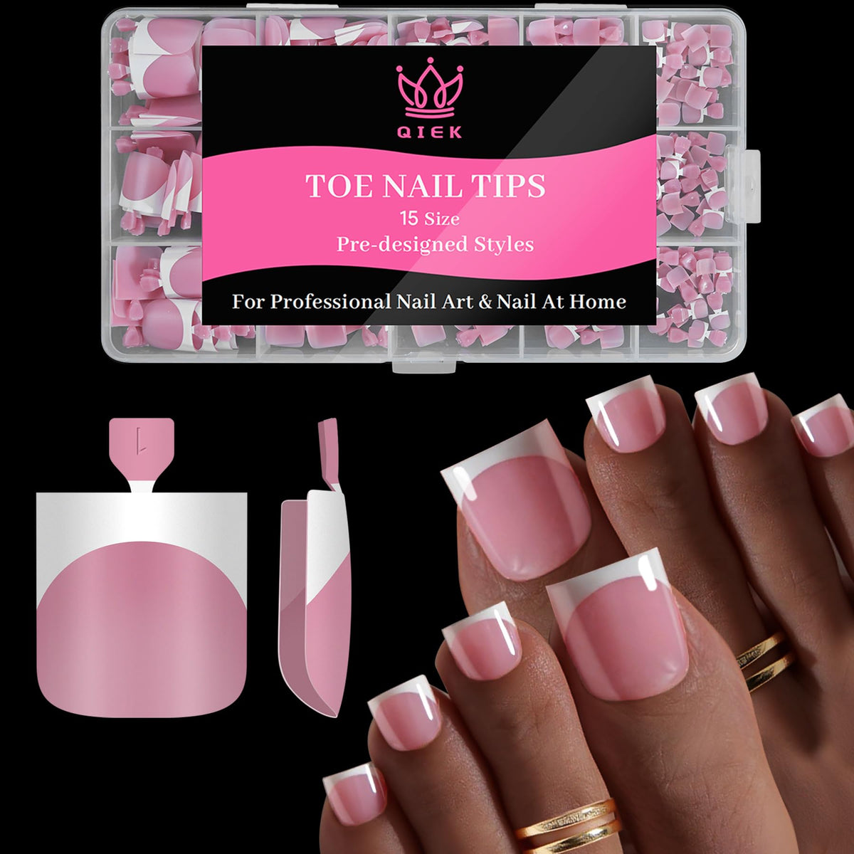 QIEK Deep Pink French Tip Press On Toenails front view with square tips
