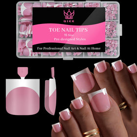 QIEK Deep Pink French Tip Press On Toenails front view with square tips