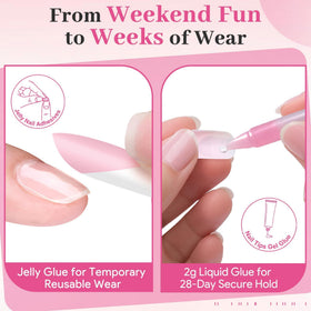 QIEK Light Pink French Tip Press On Nails displayed in various sizes