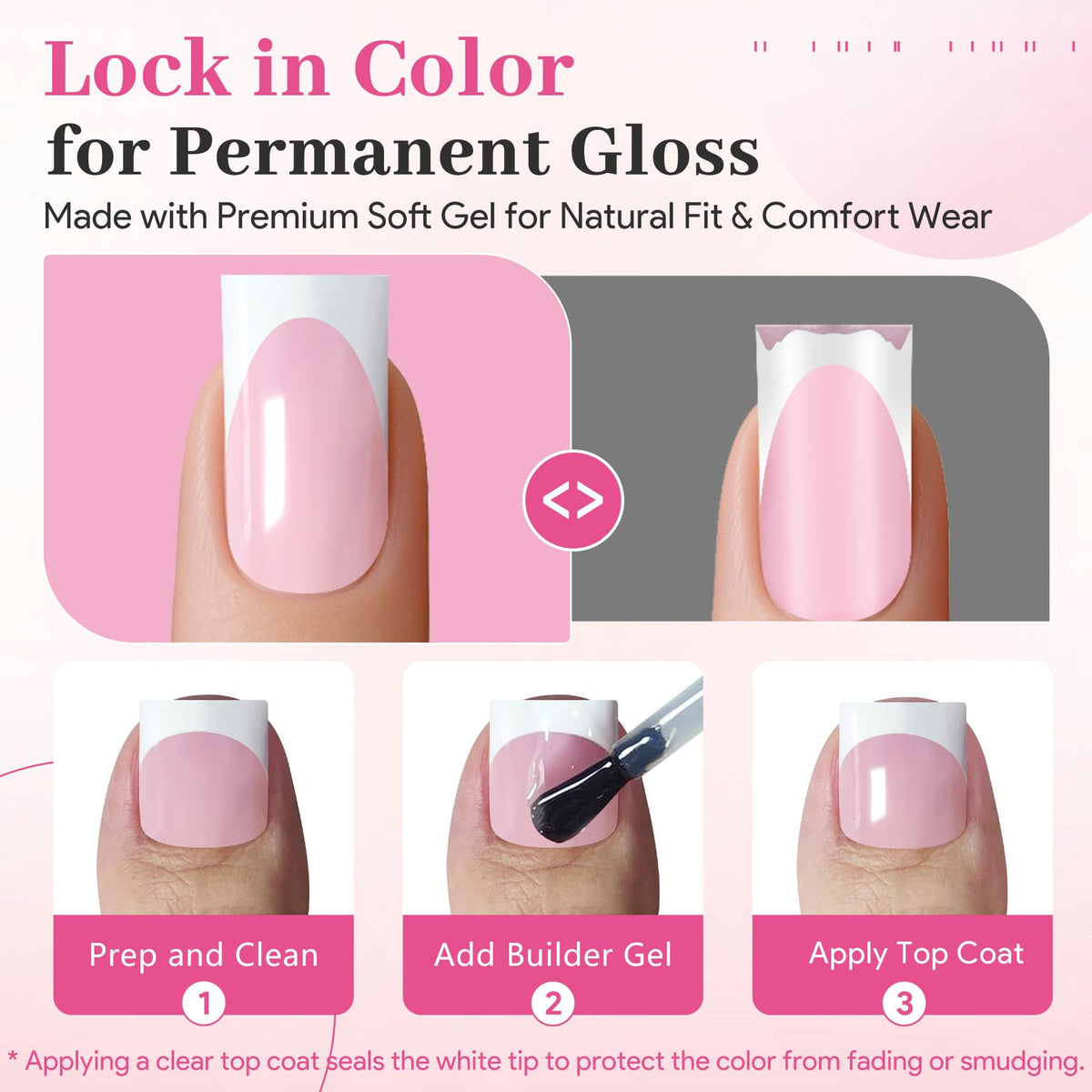 QIEK Light Pink French Tip Press On Nails with builder gel application