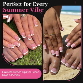 QIEK Light Pink French Tip Press On Nails with glue options