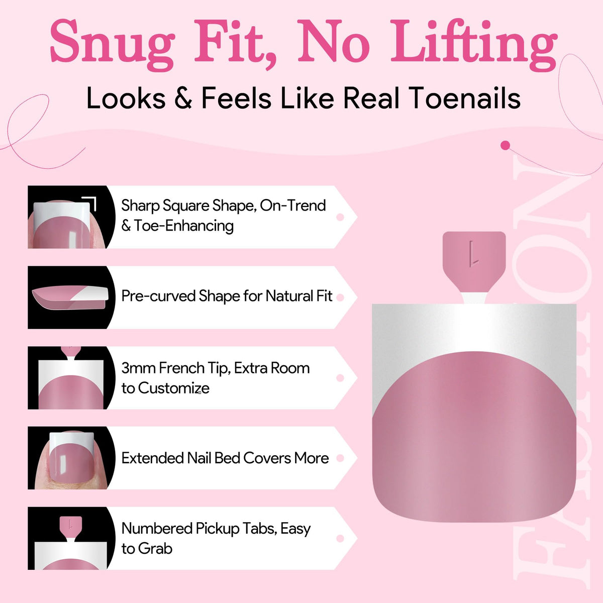 QIEK Toe Nail Press Ons Berry Pink with rhinestones