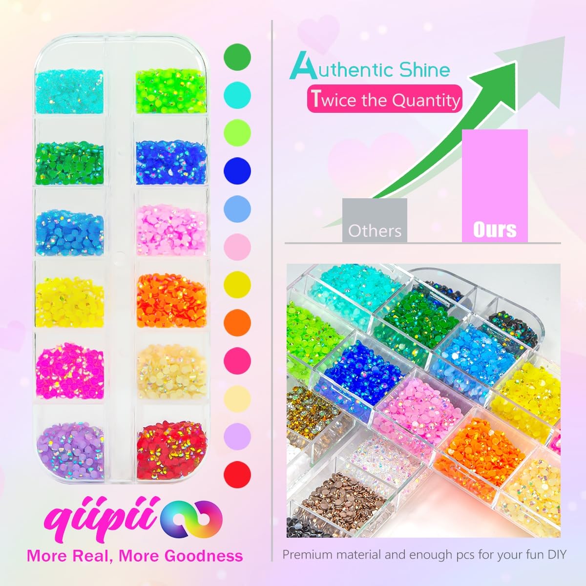 qiipii 24 Colour Jelly Resin Rhinestones arranged in a box