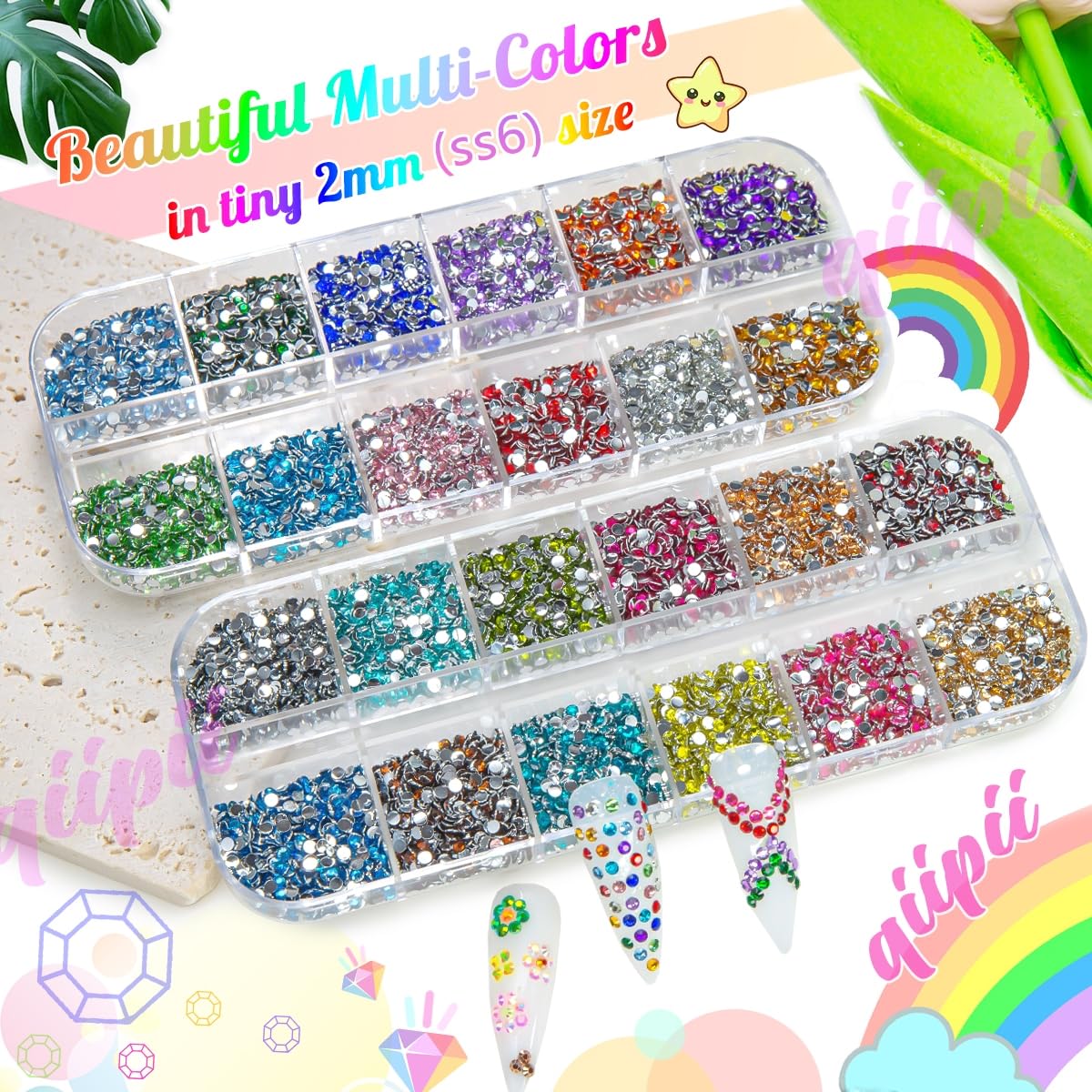 qiipii 24 Colour Small Crystal Resin Rhinestones arranged in box