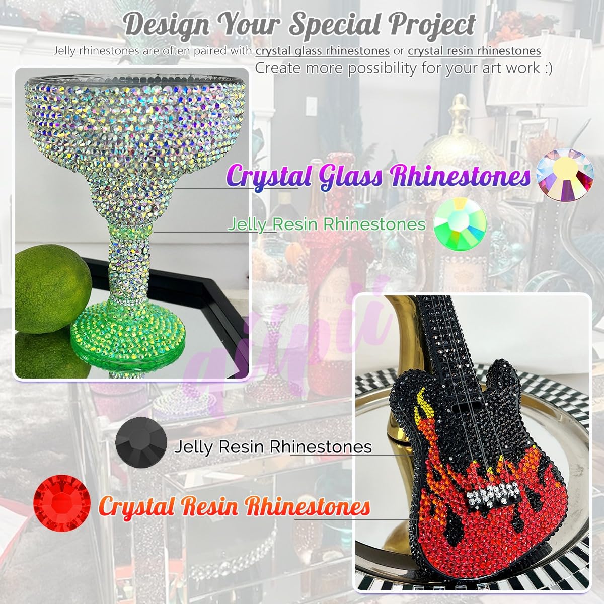 qiipii 3000PCS White AB Rhinestones in different lighting