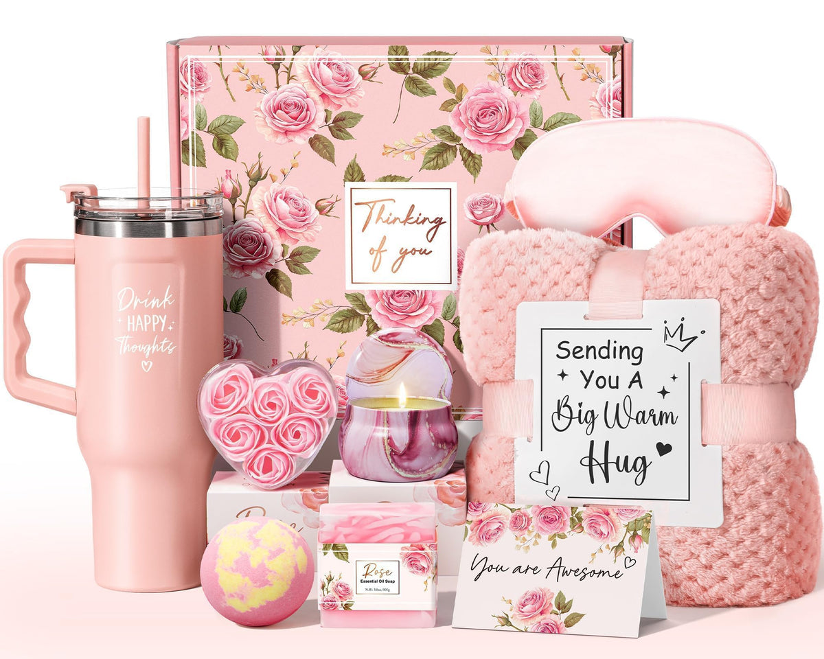 Qinline Birthday Gift Basket front view with flannel blanket and tumbler