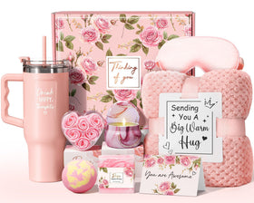 Qinline Birthday Gift Basket front view with flannel blanket and tumbler