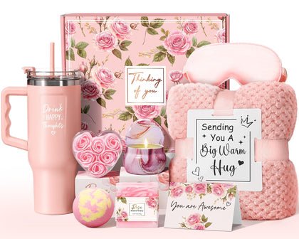 Qinline Birthday Gift Basket front view with flannel blanket and tumbler