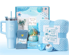 Qinline Birthday Spa Gift Basket with 10 pieces including tumbler and blanket