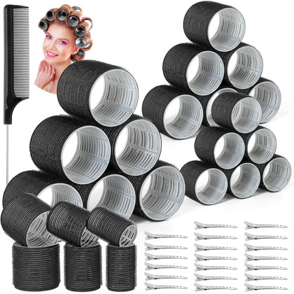Qinzave 39PCS Self Grip Curlers Set with black rollers and clips