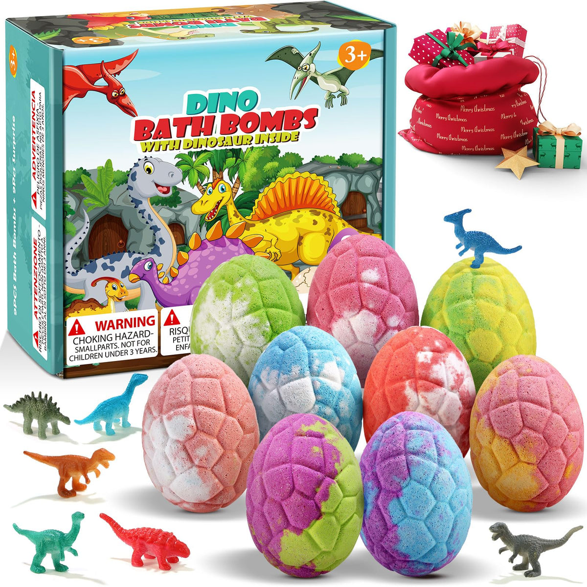 Qivatex bath bombs for kids with dinosaur toys inside, colourful packaging