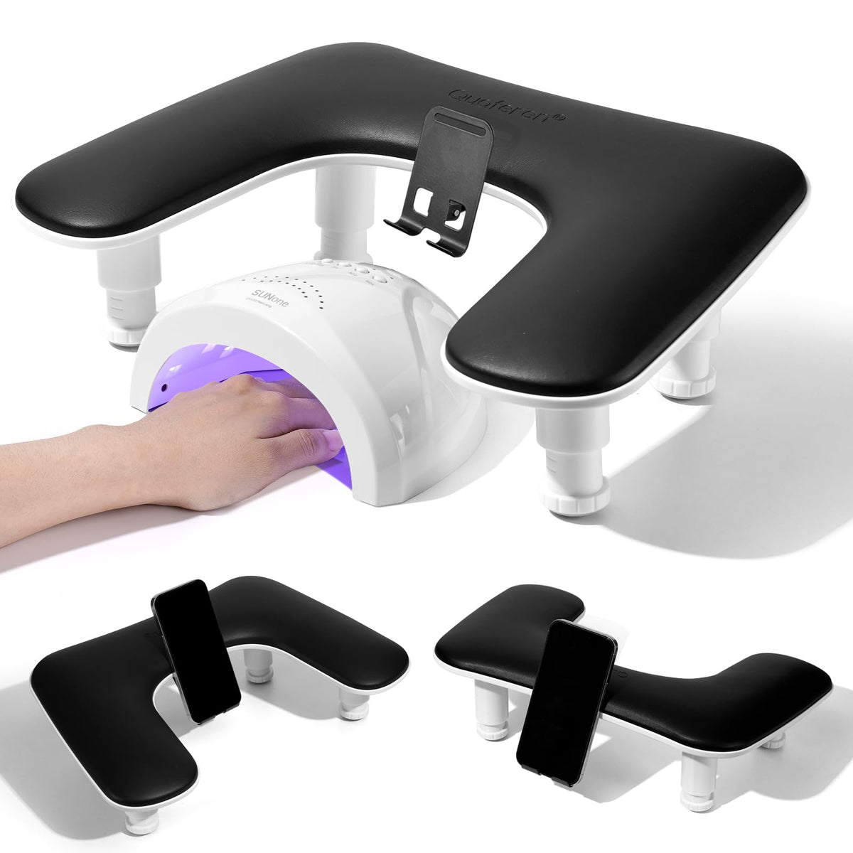 Quaferen U-Shaped Manicure Arm Rest front view with rotating phone holder