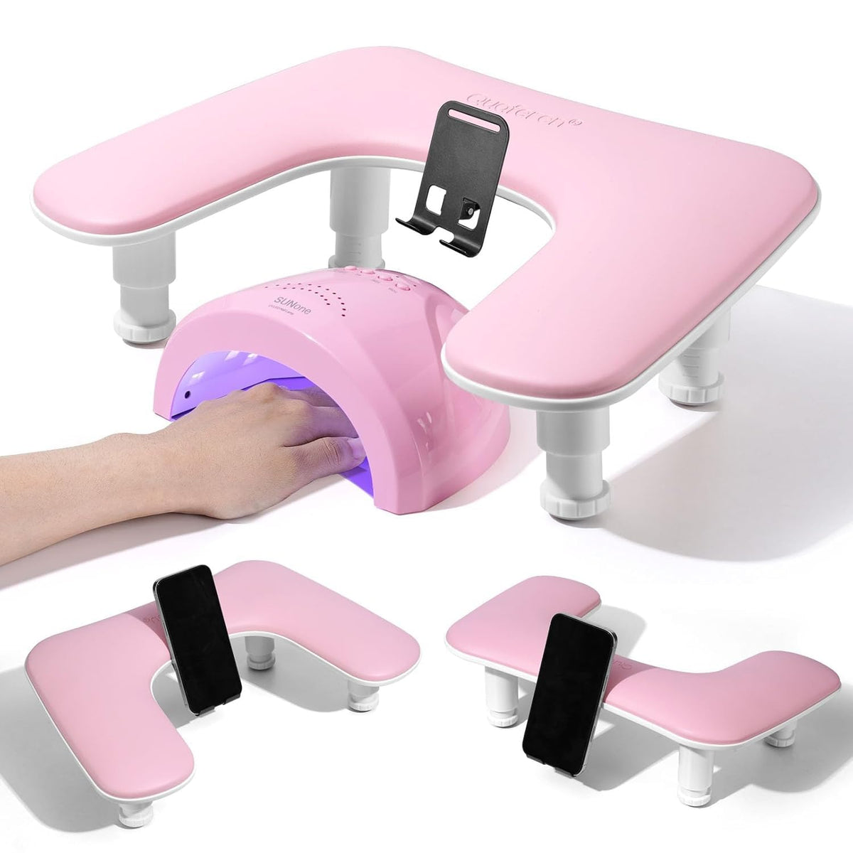 Quaferen U-Shaped Manicure Arm Rest in pink with rotating phone holder