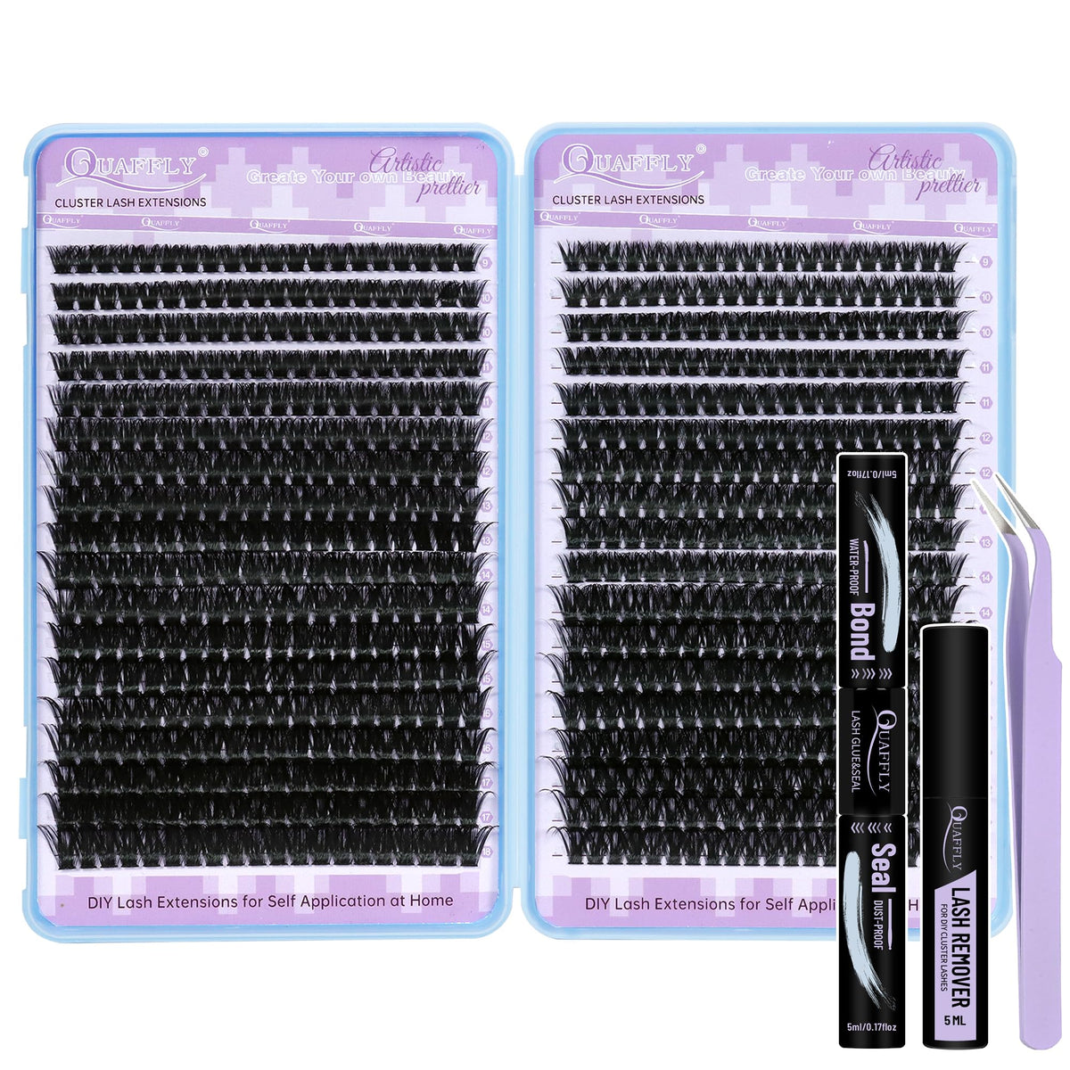 QUAFFLY Lash Clusters Kit 720Pcs with Bond and Seal front view