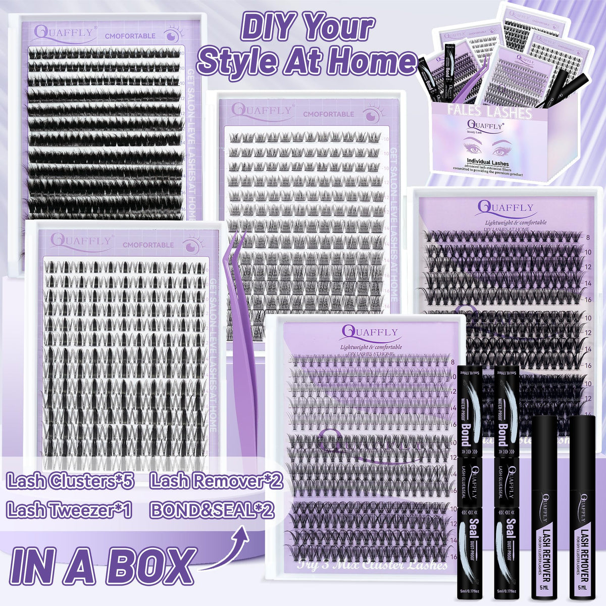 QUAFFLY Lash Clusters Kit contents including tweezers and lash bond