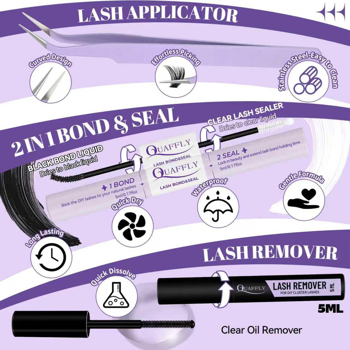 QUAFFLY Lash Clusters Kit with lash brushes and remover