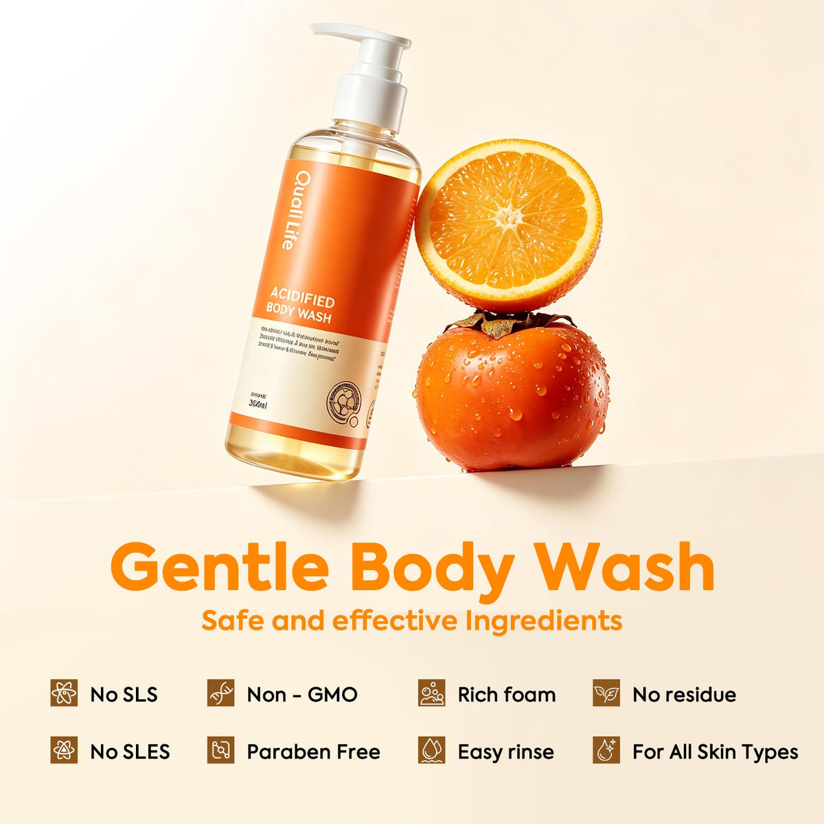 QualiLife Acidified Body Wash next to a towel and soap dish