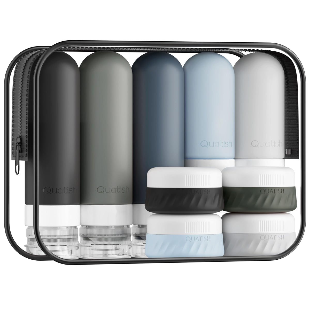 Quatish 15 Pack Travel Bottles set including black silicone bottles and toiletry bag