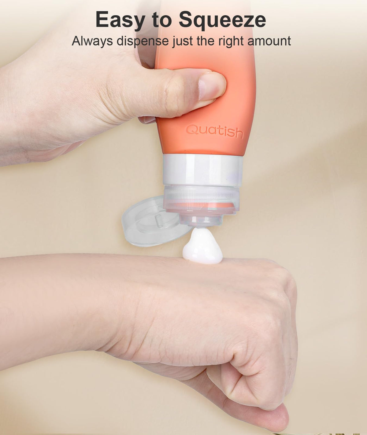 Quatish silicone travel bottles with cap open for dispensing