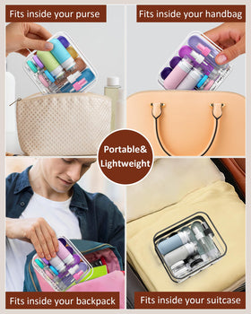 Quatish travel bottles set displayed on a travel suitcase