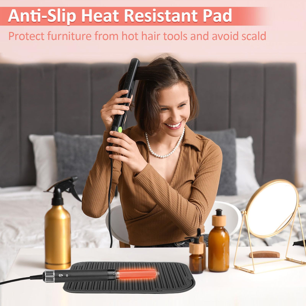 Quccefods heat resistant mat with curling iron on top