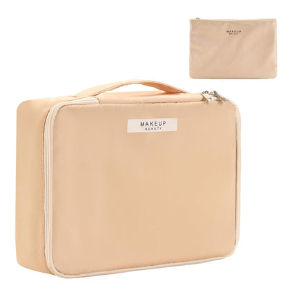 Queboom Travel Makeup Bag beige front view with compartments