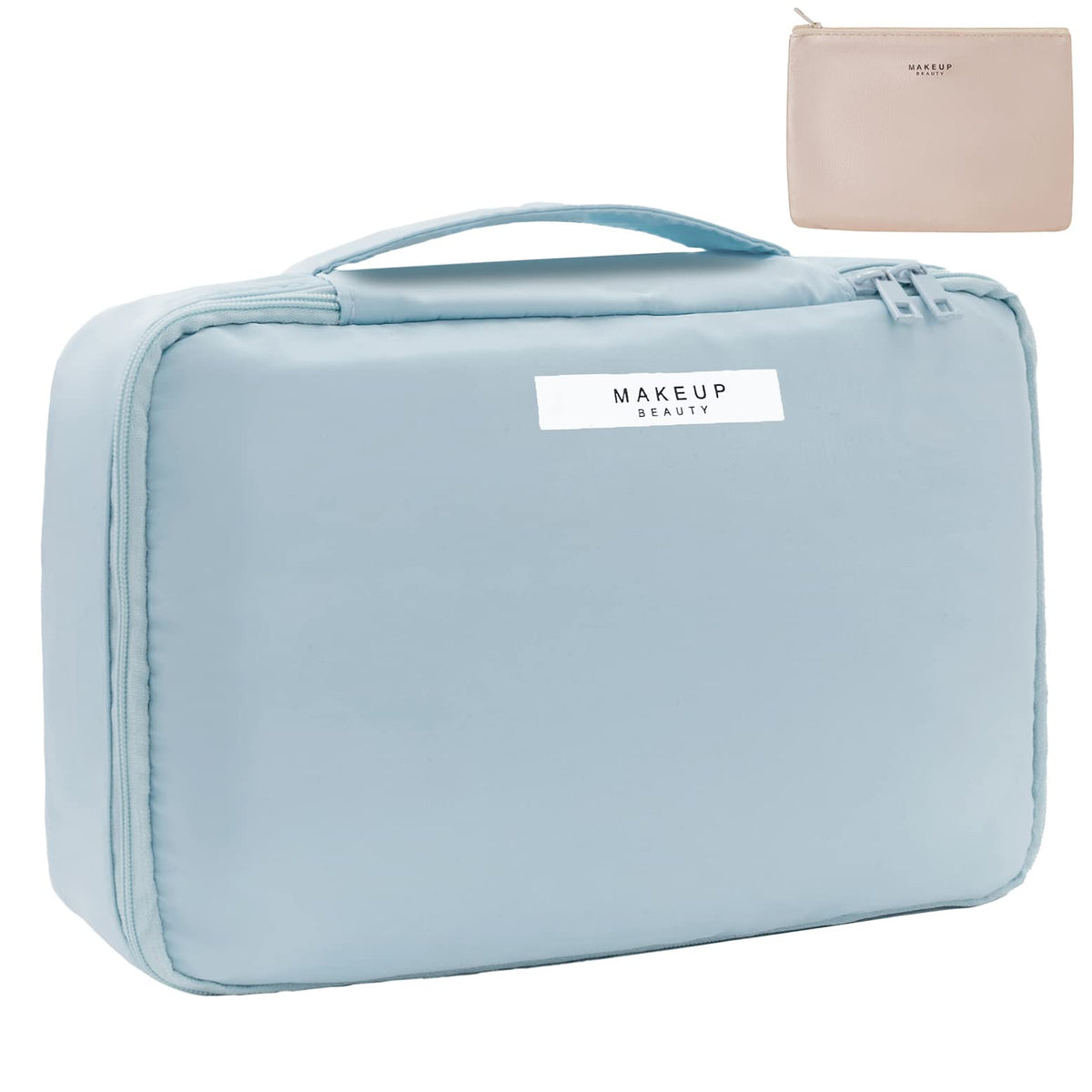 Queboom Travel Makeup Bag blue front view with compartments