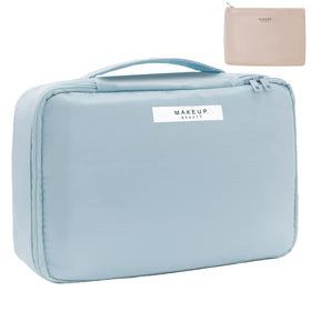Queboom Travel Makeup Bag blue front view with compartments