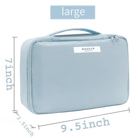 Queboom Travel Makeup Bag blue lifestyle scene with travel items