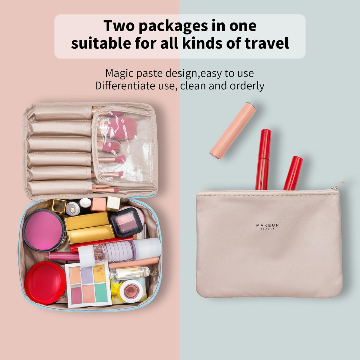Queboom Travel Makeup Bag blue with detachable cosmetic bag
