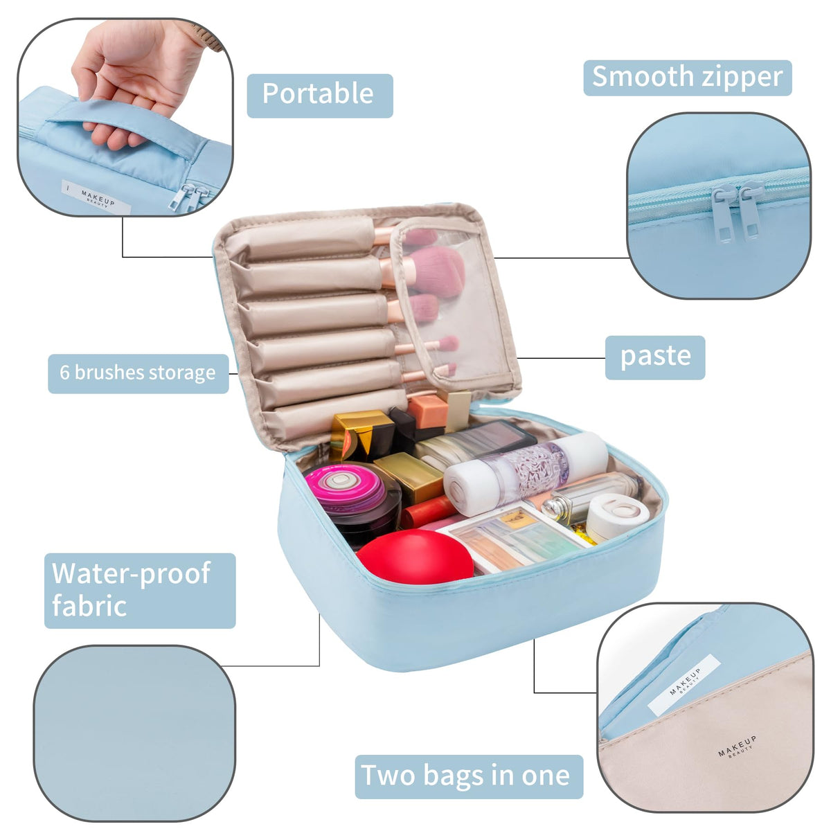 Queboom Travel Makeup Bag blue with makeup products inside