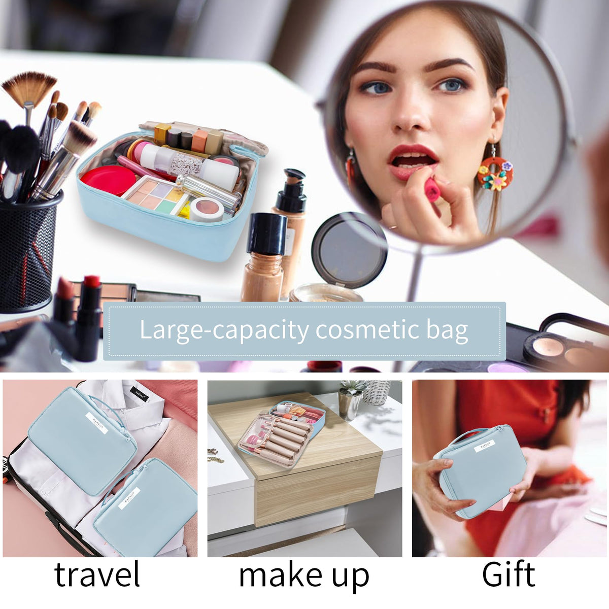 Queboom Travel Makeup Bag blue with zippers closed