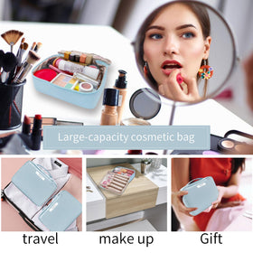 Queboom Travel Makeup Bag blue with zippers closed