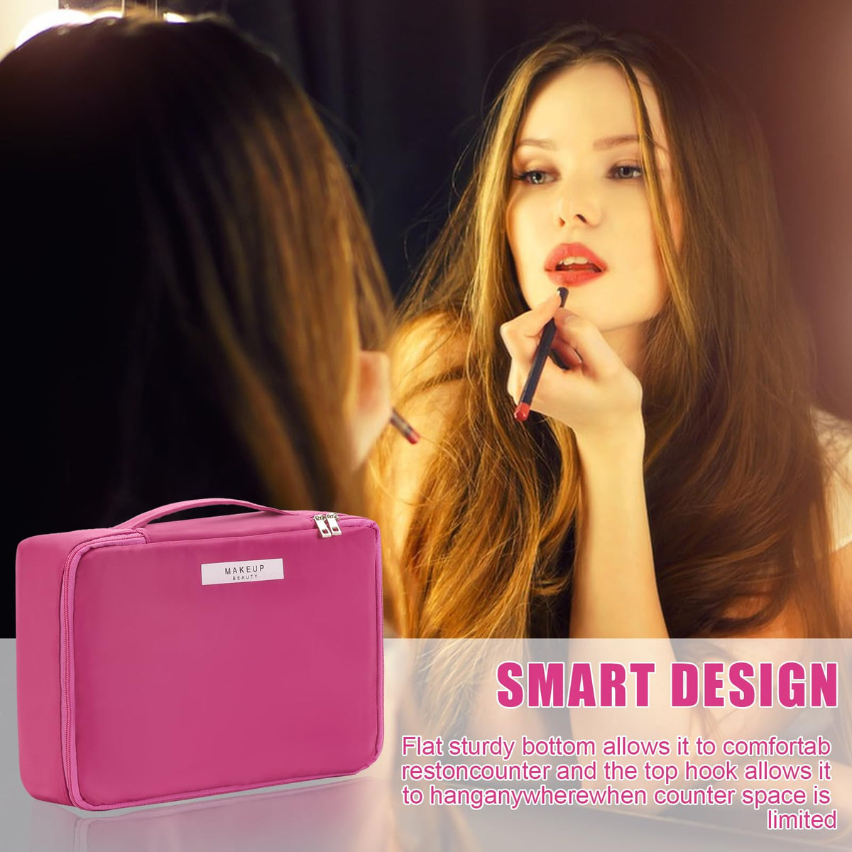 Queboom Travel Makeup Bag dimensions and packaging