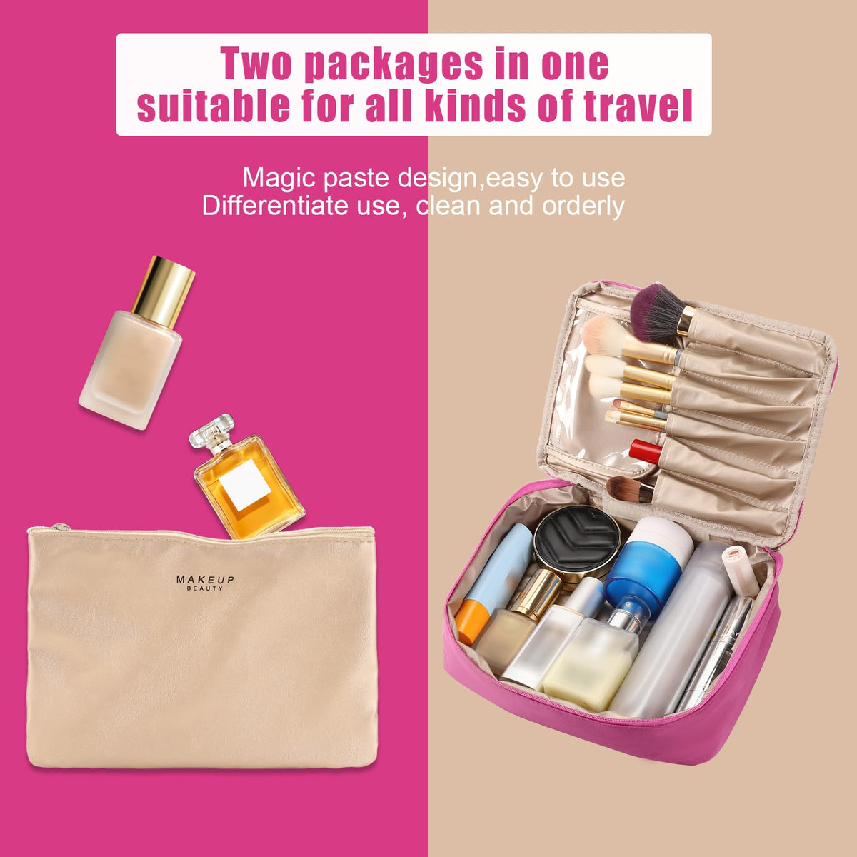 Queboom Travel Makeup Bag displayed with cosmetics inside