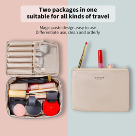 Queboom Travel Makeup Bag grey filled with makeup products