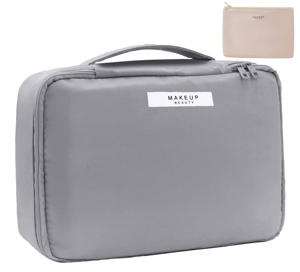 Queboom Travel Makeup Bag grey front view with compartments