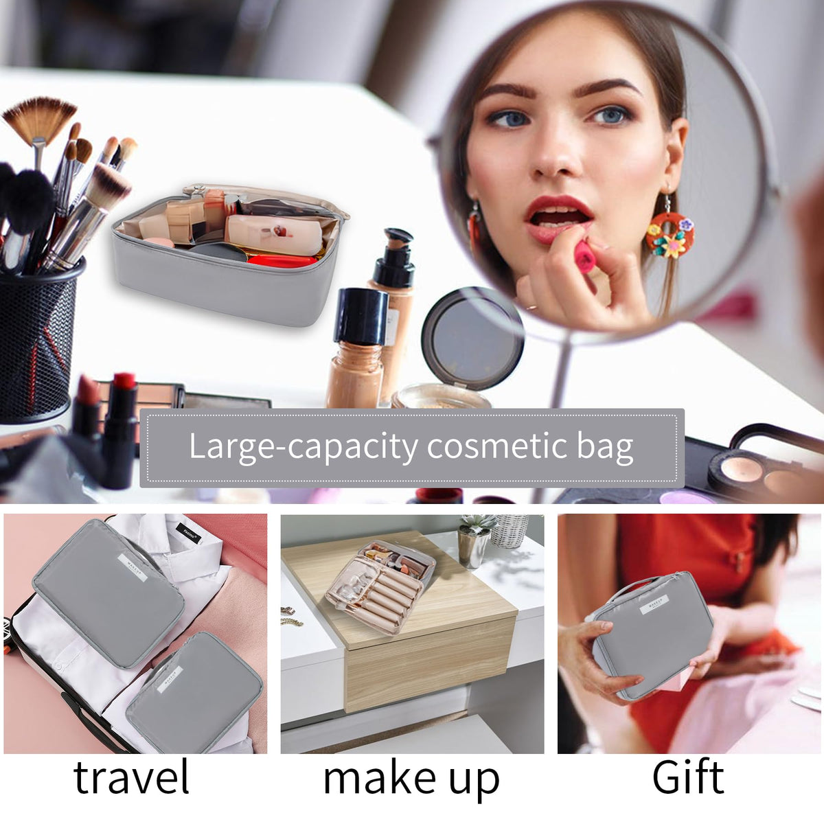 Queboom Travel Makeup Bag grey lifestyle scene with suitcase