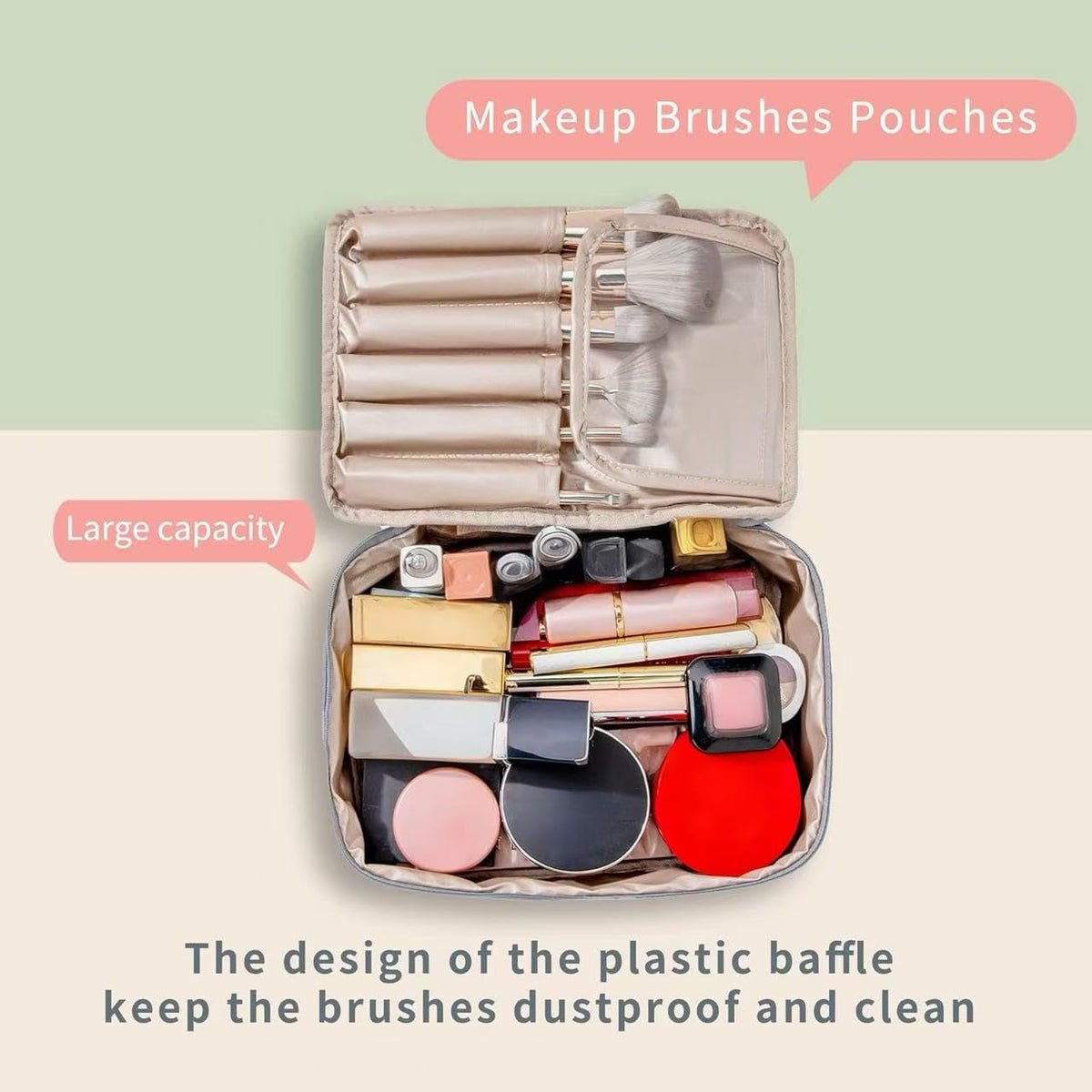 Queboom Travel Makeup Bag grey side view with zippers