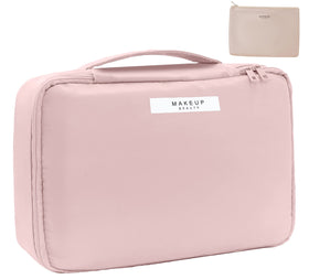 Queboom Travel Makeup Bag in pink with multiple compartments