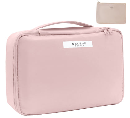 Queboom Travel Makeup Bag in pink with multiple compartments