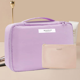 Queboom Travel Makeup Bag in use during travel
